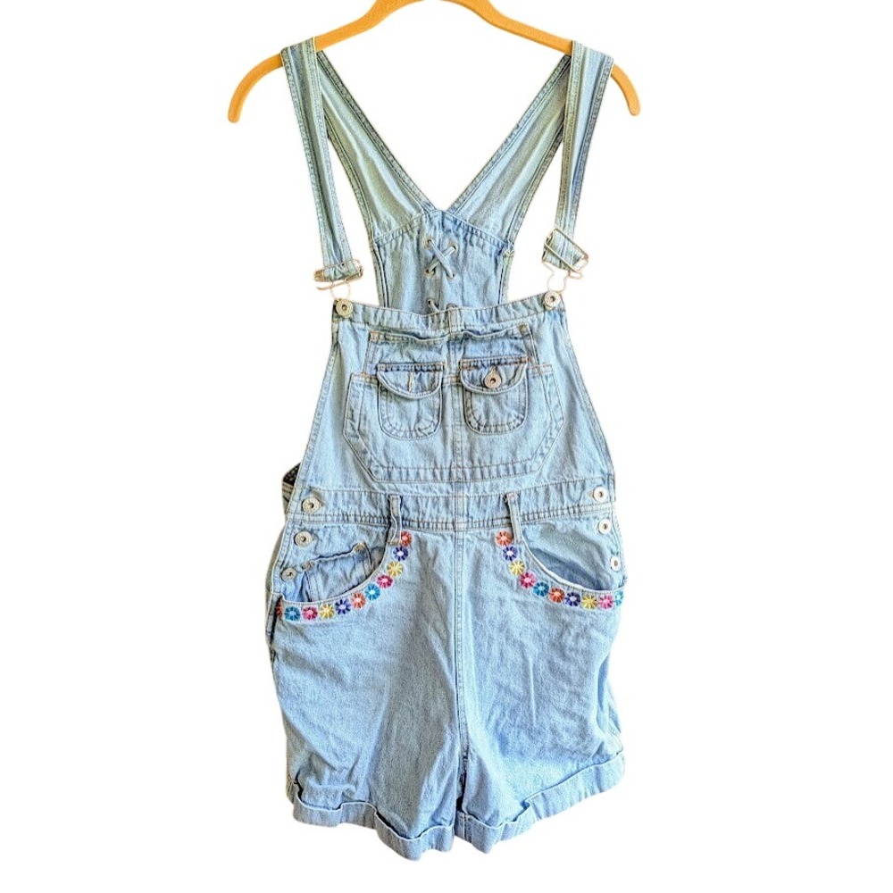Vintage Goodfellas Shortalls Overalls M 90s Denim Embroidered Flower Laced Cute